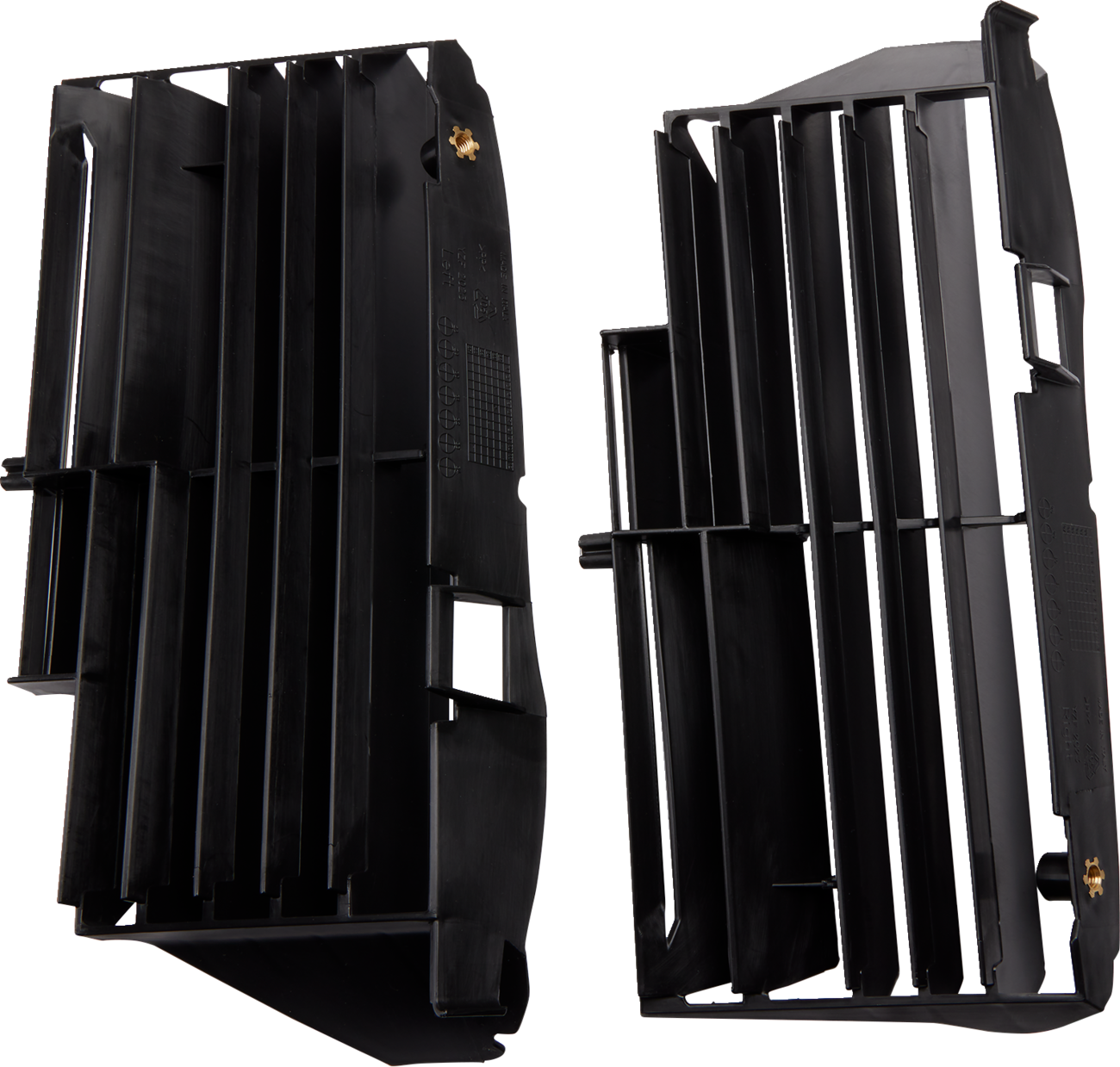 Black ACERBIS radiator louvers for YZ450F 2023 motorcycle, mounted on the body, with vented design for cooling and protection.
