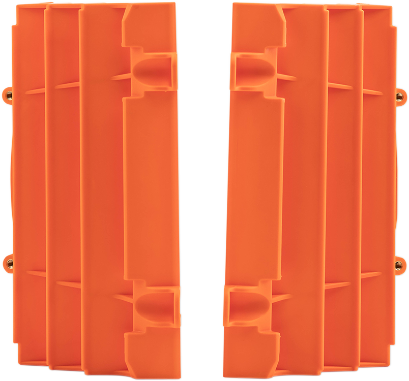 Orange Acerbis radiator louvers for KTM motorcycle, mounted on the body, designed to enhance cooling and protect the radiator.