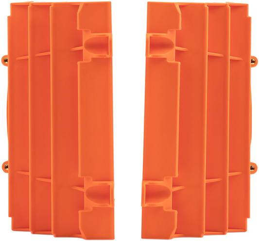 Orange Acerbis radiator louvers for KTM motorcycle, mounted on the body, designed to enhance cooling and protect the radiator.