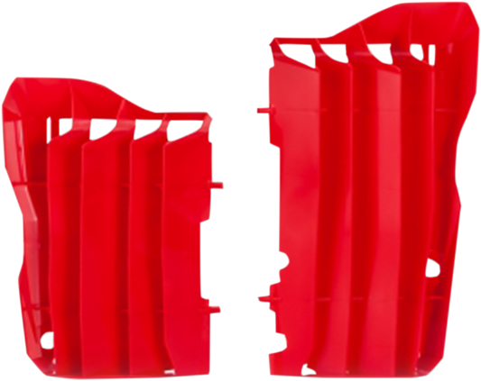 Red Acerbis radiator louvers for CRF 450 motorcycle, designed as body protective parts with brand labeling.