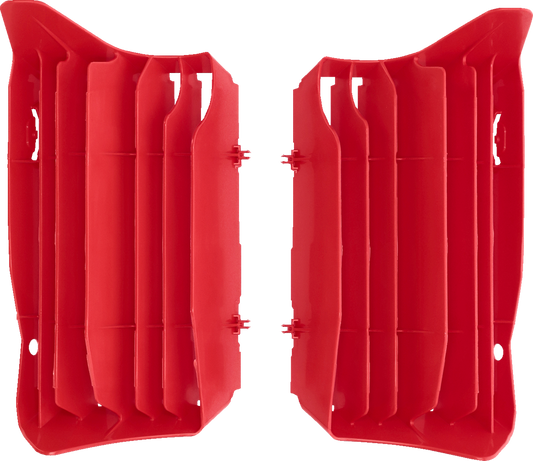 Red ACERBIS radiator louvers for Honda motorcycle, body part designed to improve cooling and protect the radiator.