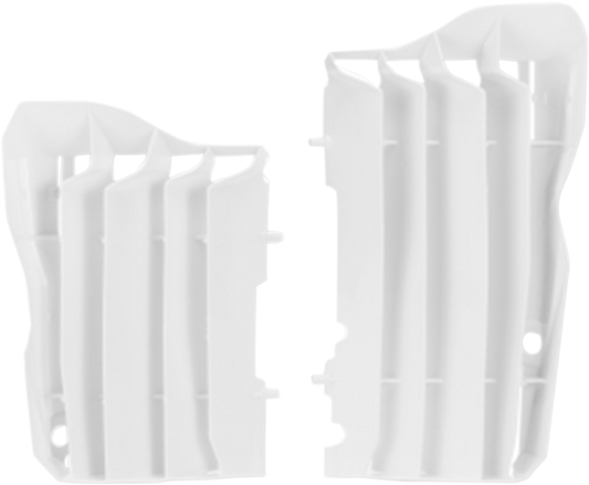 White ACERBIS radiator louvers for CRF 450 motorcycle, body protection part with vented design, by Bill's Exhausts.