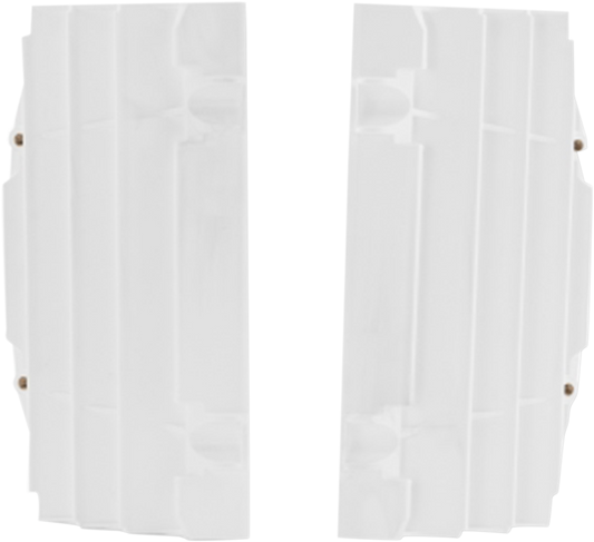 White ACERBIS radiator louvers for Husqvarna and KTM motorcycles, designed for body protection and style.
