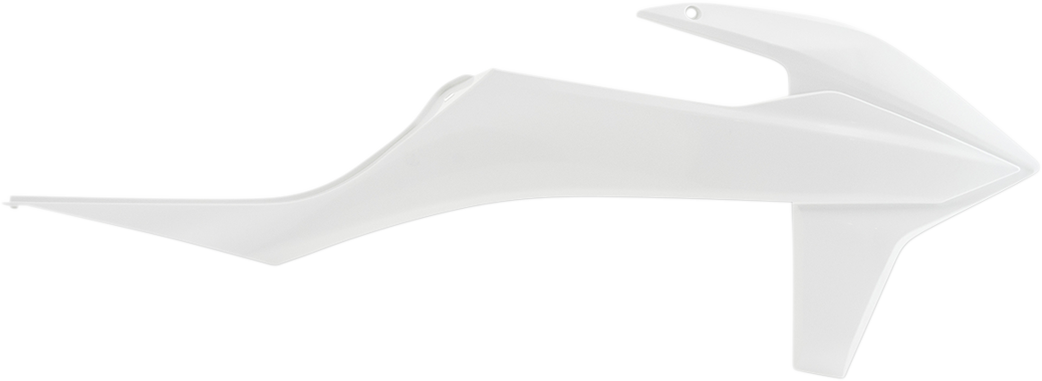 Acerbis OEM white radiator shroud for motorcycle, designed for body protection and style, with vent openings visible.