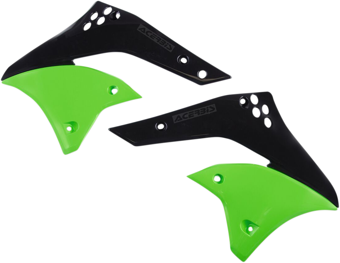 Acerbis radiator shrouds for 2006 motorcycle in OE green and black, compatible with Bill's Exhausts body parts.