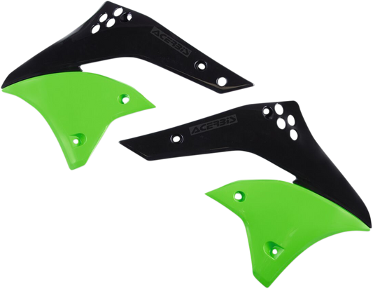 Acerbis radiator shrouds for 2006 motorcycle in OE green and black, compatible with Bill's Exhausts body parts.