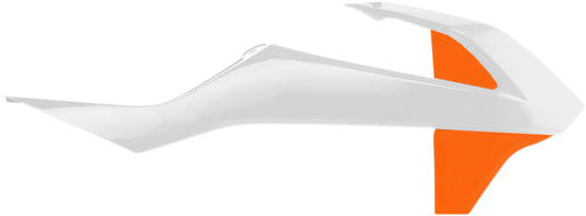 Acerbis radiator shrouds for 2019 OE white and 2016 orange models, motorcycle body parts with colorful design.