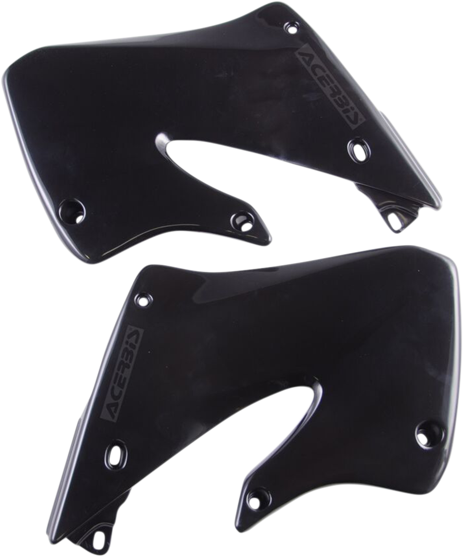 Black ACERBIS radiator shrouds for motorcycle body, designed for durability and style, with brand details visible.