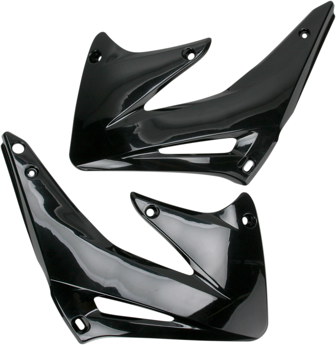 Acerbis black radiator shrouds for motorcycle body, with sleek design and brand-specific details, suitable for off-road or motocross bikes.