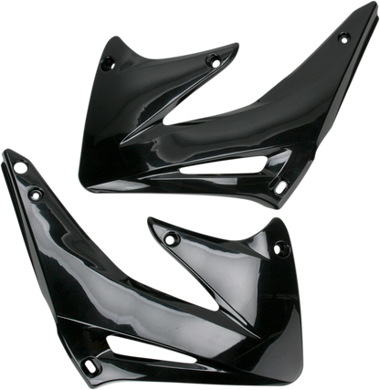 Acerbis black radiator shrouds for motorcycle body, with sleek design and brand-specific details, suitable for off-road or motocross bikes.
