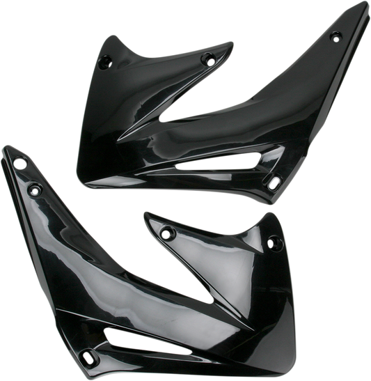 Acerbis black radiator shrouds for motorcycle body, with sleek design and brand-specific details, suitable for off-road or motocross bikes.