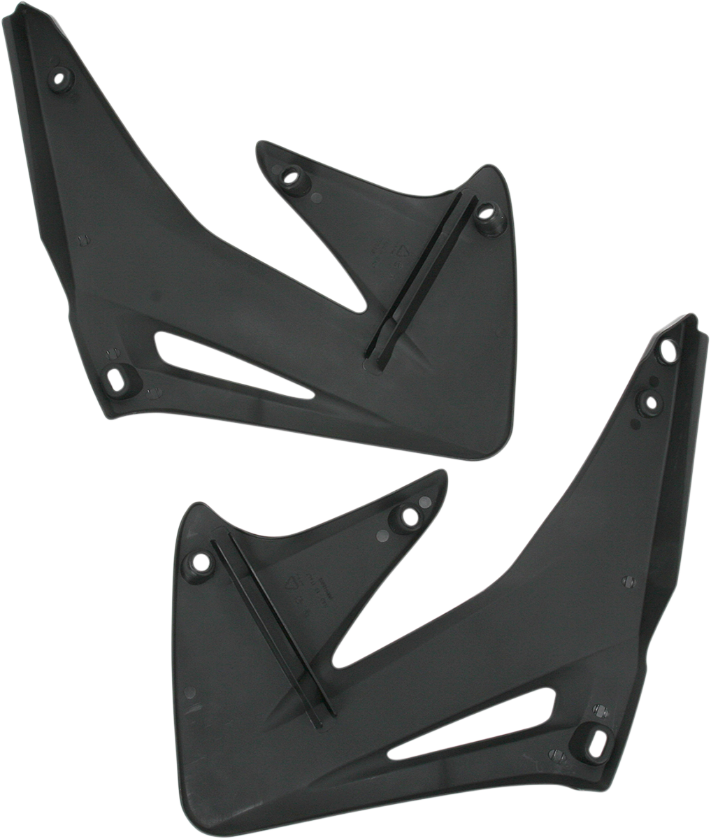 Black ACERBIS radiator shrouds for motorcycle body, designed for durability and fitment, by Bill's Exhausts.