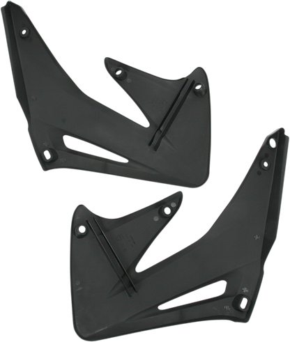 Black ACERBIS radiator shrouds for motorcycle body, designed for durability and fitment, by Bill's Exhausts.