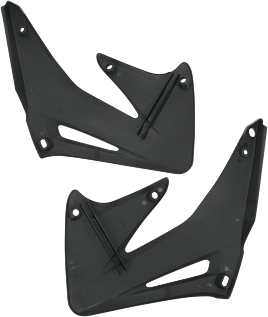 Black ACERBIS radiator shrouds for motorcycle body, designed for durability and fitment, by Bill's Exhausts.