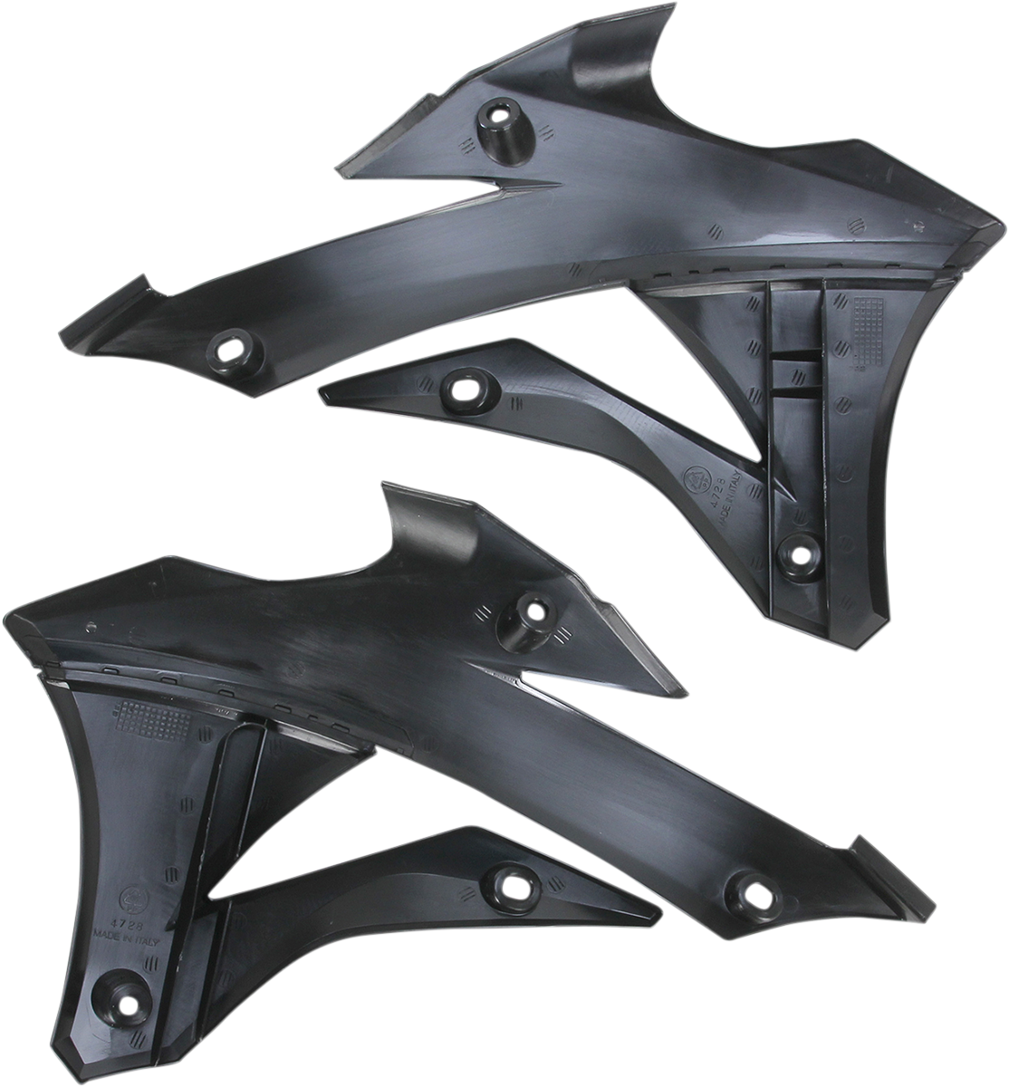 Black Acerbis radiator shrouds for motorcycle, featuring a sleek body design with brand-specific details.
