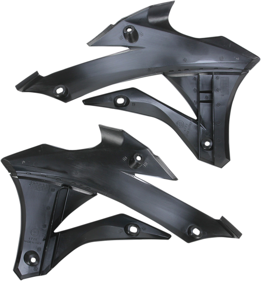Black Acerbis radiator shrouds for motorcycle, featuring a sleek body design with brand-specific details.