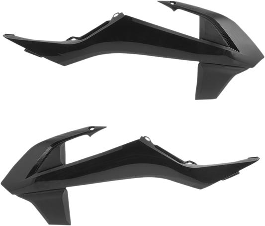 Black ACERBIS radiator shrouds for motorcycle body, designed for durability and style, shown in the image.