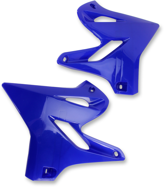 Blue Acerbis radiator shrouds for motorcycle body protection, designed for compatibility with Bill's Exhausts installations.