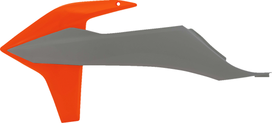 Gray and orange Acerbis radiator shrouds for motorcycle, featuring sleek body design and durable construction.