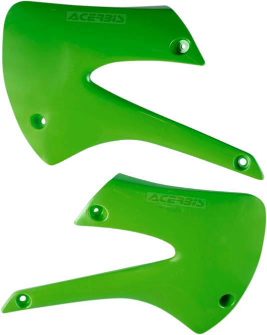 Green ACERBIS radiator shrouds for motorcycle body protection, designed by Bill's Exhausts.