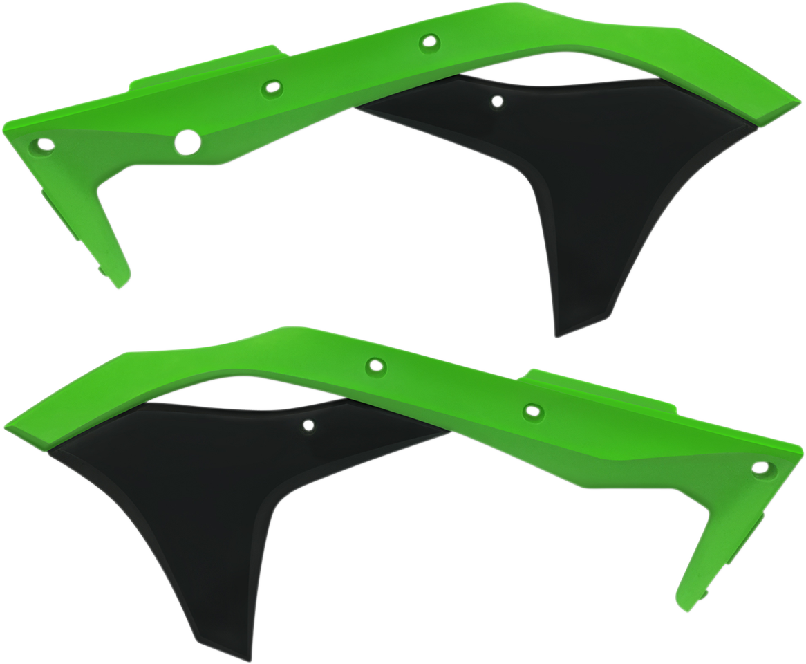 Acerbis radiator shrouds in green and black for motorcycle, designed for body protection and style.