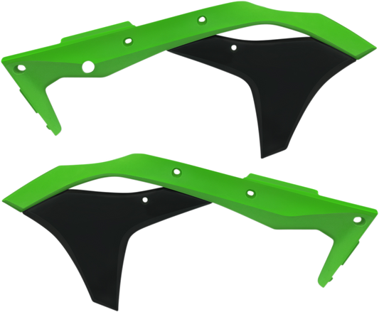 Acerbis radiator shrouds in green and black for motorcycle, designed for body protection and style.