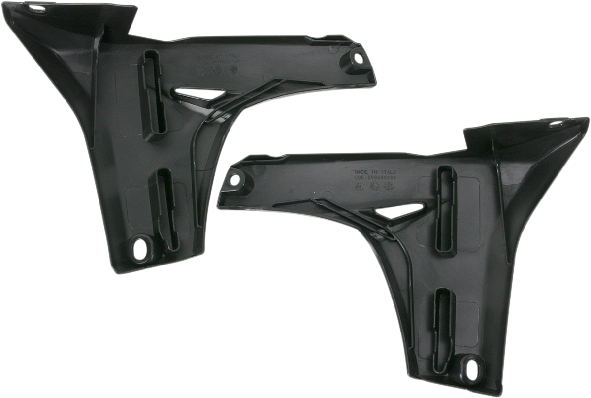 Black ACERBIS radiator shrouds for lower body, designed for motorcycle cooling system, with durable plastic construction.