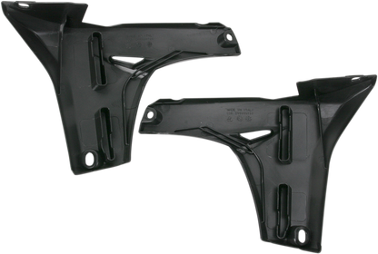 Black ACERBIS radiator shrouds for lower body, designed for motorcycle cooling system, with durable plastic construction.