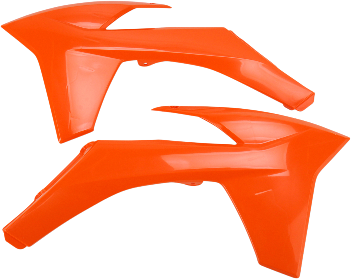 Orange Acerbis radiator shrouds for motorcycle, designed for body protection and style, by Bill's Exhausts.