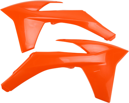 Orange Acerbis radiator shrouds for motorcycle, designed for body protection and style, by Bill's Exhausts.