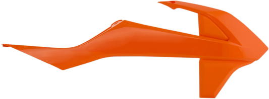 Orange Acerbis radiator shrouds for motorcycle, designed as body parts, with detailed mounting points and vibrant color.