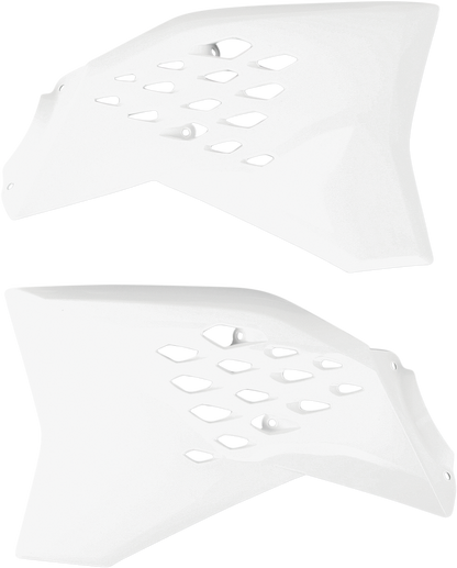 White Acerbis radiator shrouds for motorcycle body protection, designed for compatibility with specific models.
