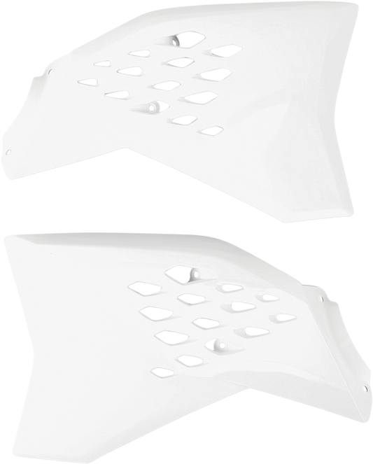 White Acerbis radiator shrouds for motorcycle body protection, designed for compatibility with specific models.