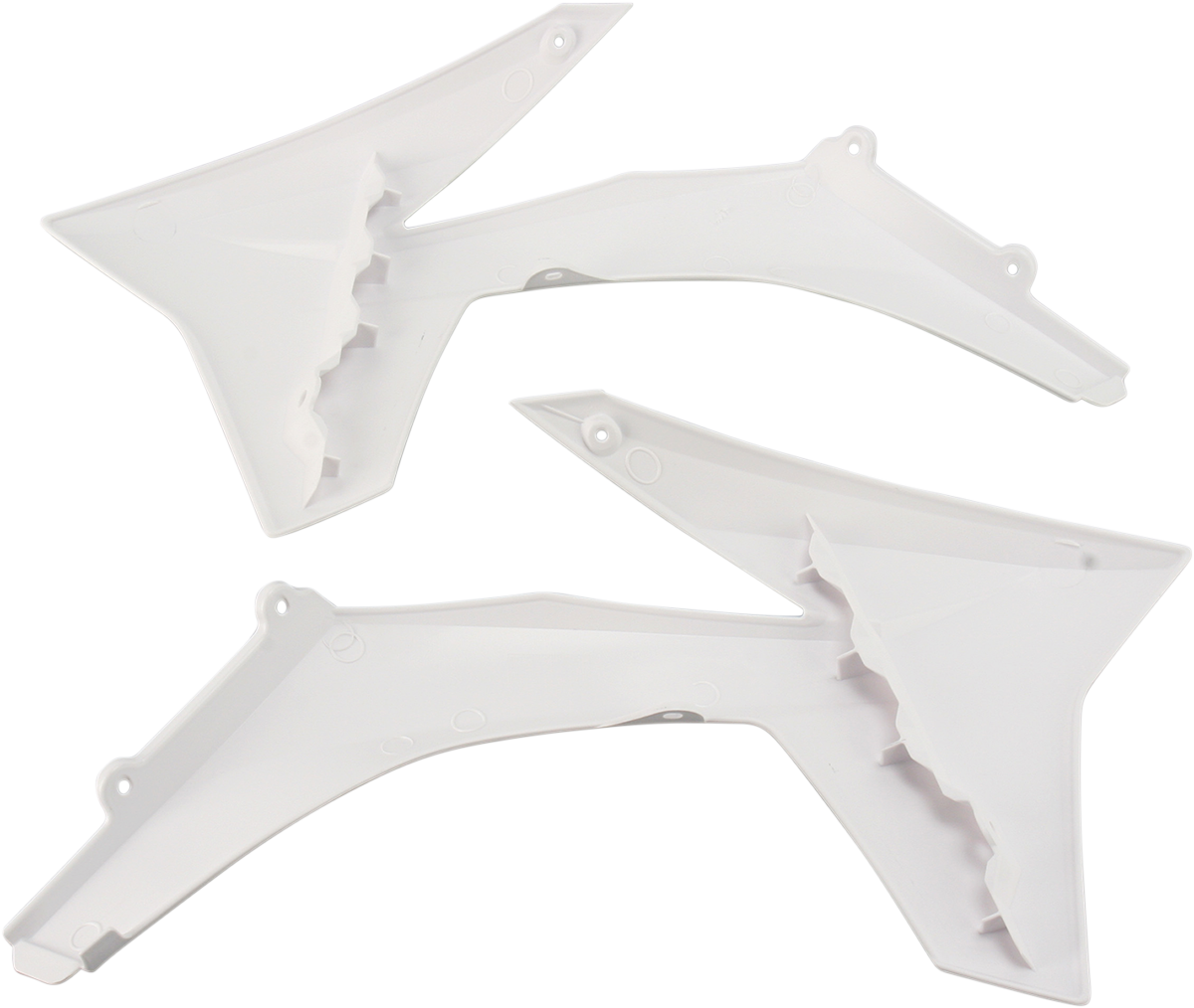White ACERBIS radiator shrouds for motorcycle, designed for body protection and style, with brand details visible in the image.