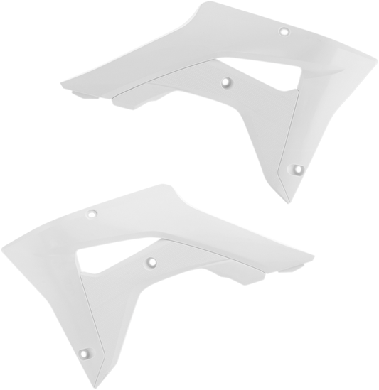 White Acerbis radiator shrouds for motorcycle body protection, designed for durability and style by Bill's Exhausts.