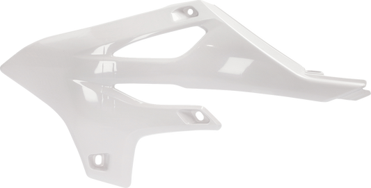 White Acerbis radiator shrouds for motorcycle, mounted on bike body, designed for durable protection and stylish appearance.