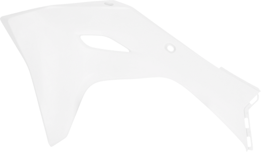White Acerbis radiator shrouds for motorcycle, featuring a sleek body design, installed on a bike with visible mounting points.