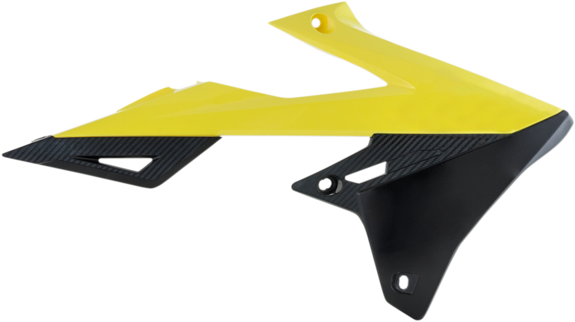 Yellow and black ACERBIS radiator shrouds for motorcycle body, featuring durable plastic construction and bold graphics.