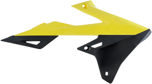 Yellow and black ACERBIS radiator shrouds for motorcycle body, featuring durable plastic construction and bold graphics.