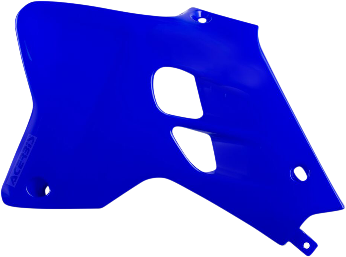 Blue Acerbis radiator shrouds for YZ motorcycle, mounted on body with detailed design, by Bill's Exhausts.