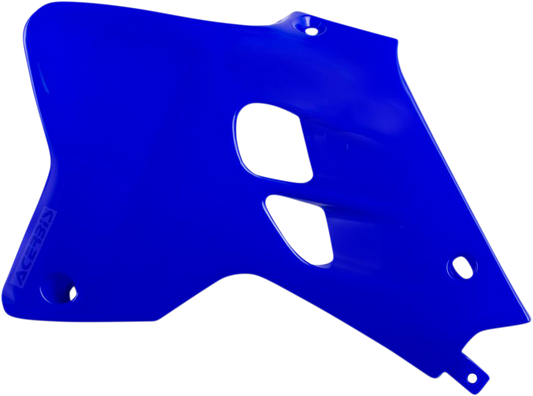 Blue Acerbis radiator shrouds for YZ motorcycle, mounted on body with detailed design, by Bill's Exhausts.