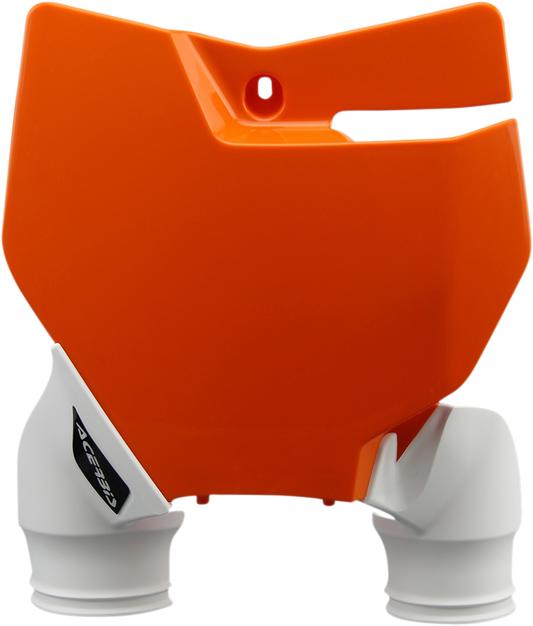 Acerbis Raptor number plate in orange and white mounted on a motorcycle body, designed for off-road or dirt bikes.