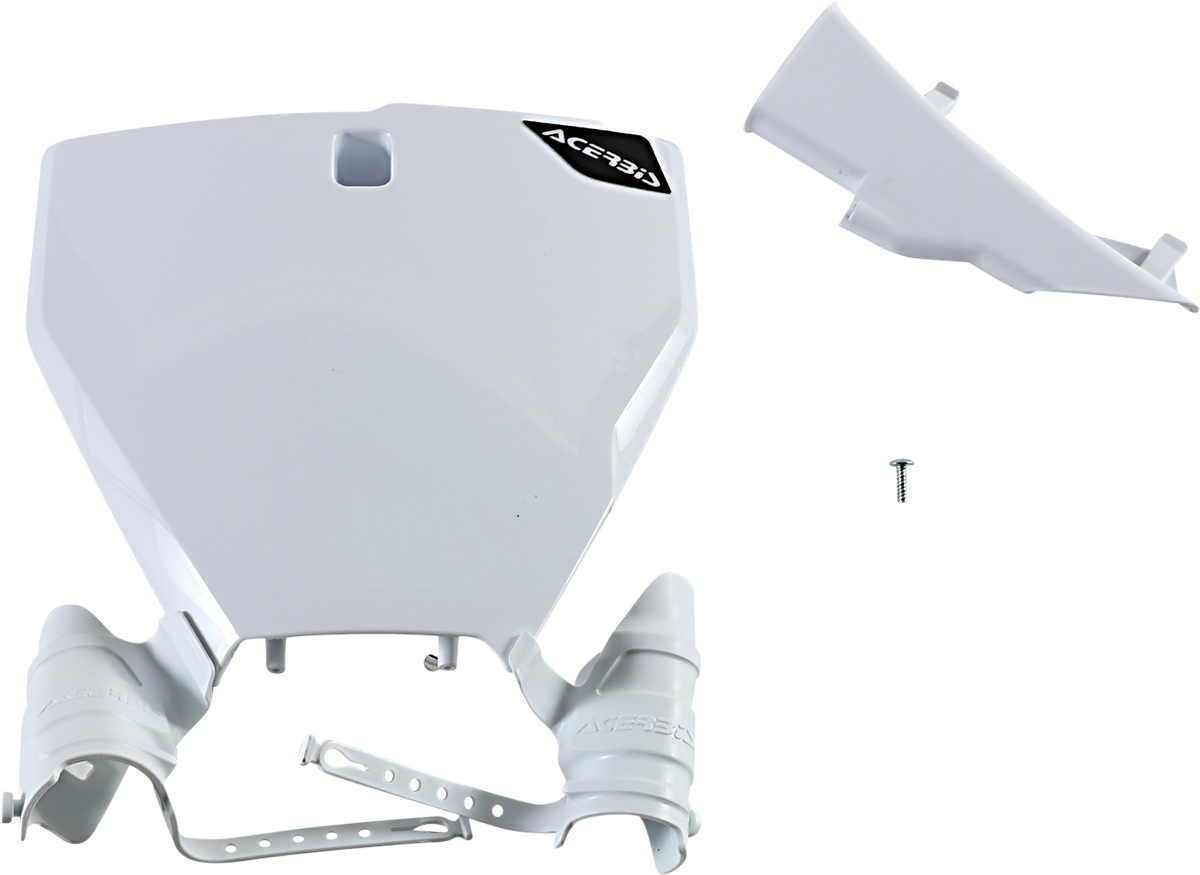 Acerbis Raptor number plate in white, designed for motorcycle body, with brand details visible on the product.