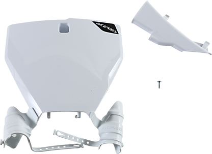 Acerbis Raptor number plate in white, designed for motorcycle body, with brand details visible on the product.