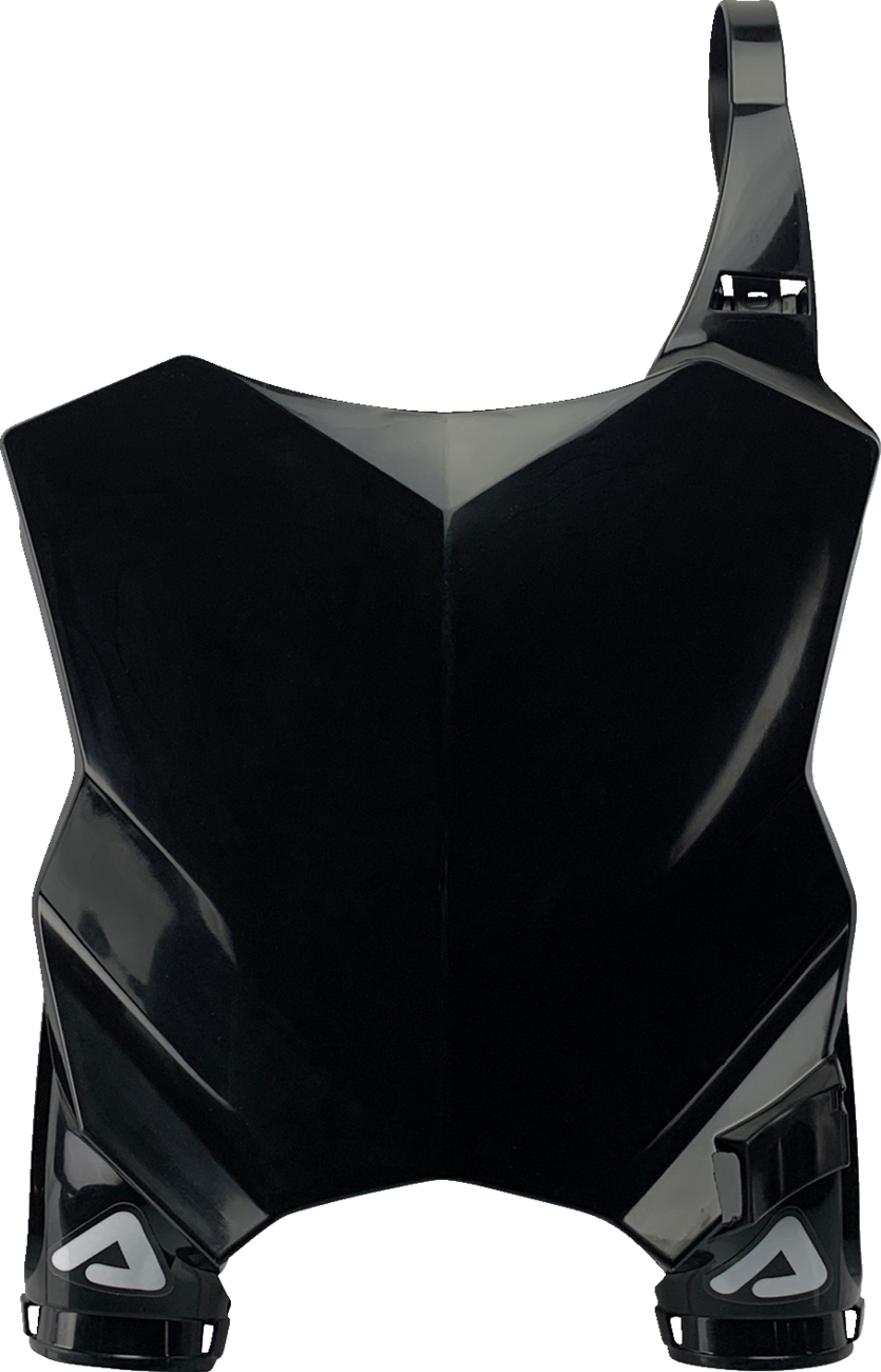 Acerbis Raptor black number plate for motorcycle body, featuring bold graphics and mounting holes for easy installation.