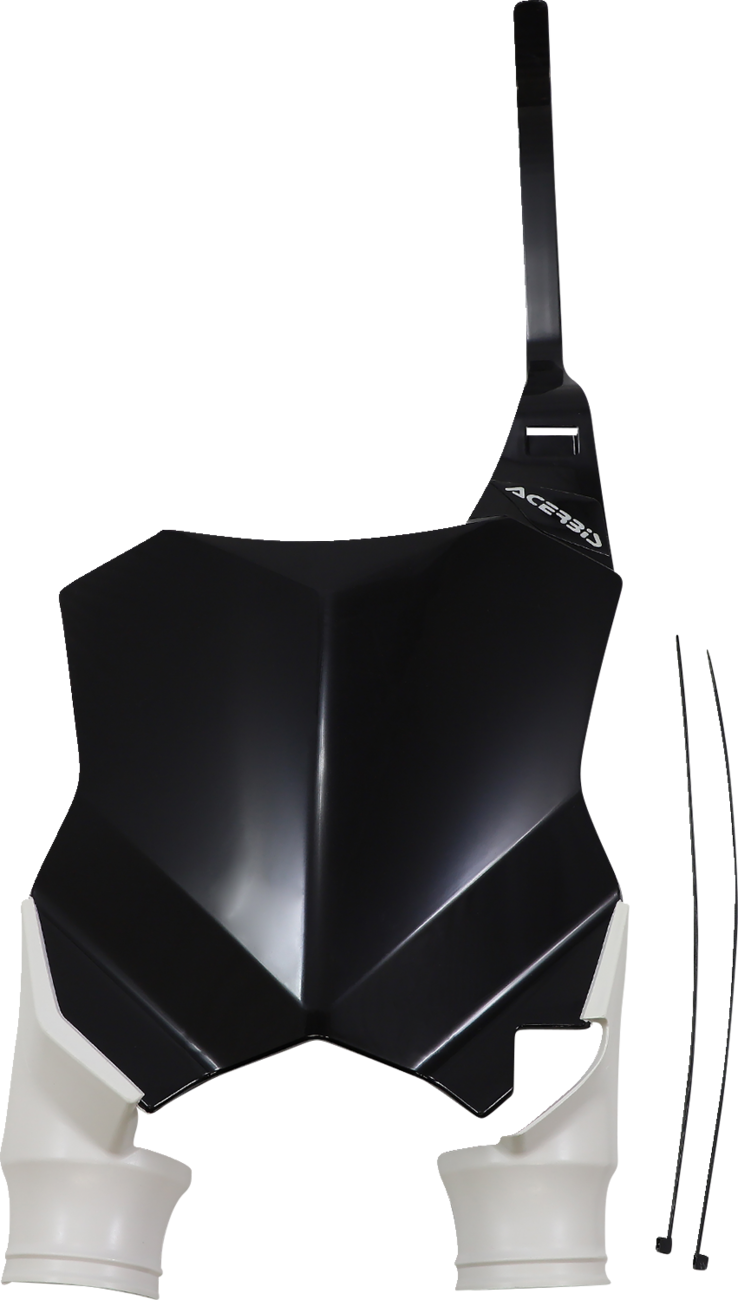 Acerbis Raptor black and white motorcycle number plate mounted on a bike, showcasing durable plastic body with bold number display.