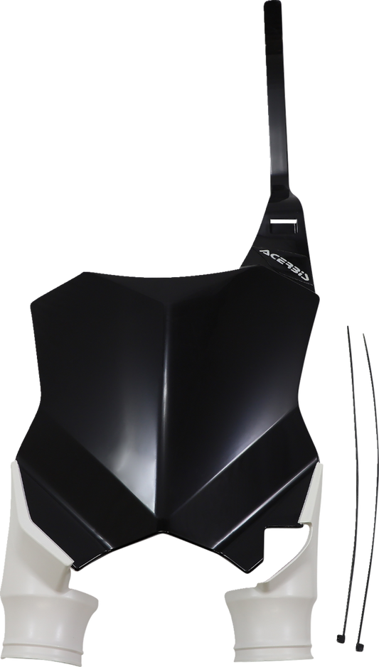 Acerbis Raptor black and white motorcycle number plate mounted on a bike, showcasing durable plastic body with bold number display.