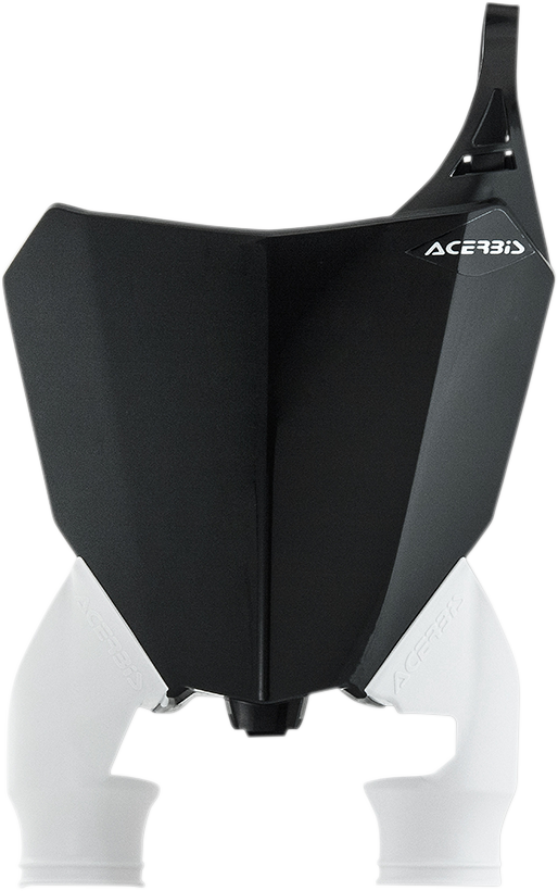 Acerbis Raptor black and white motorcycle number plate mounted on a bike, designed for durability and clear visibility.