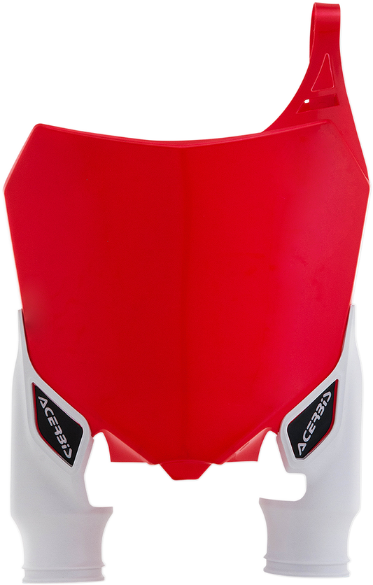 Acerbis Raptor number plate in red and white, motorcycle body accessory with bold design, displayed on a neutral background.