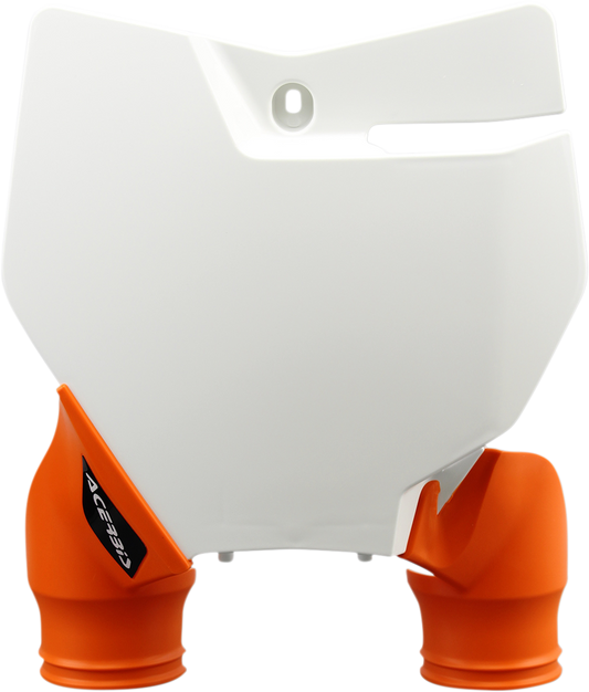 Acerbis Raptor number plate in white with orange accents, designed for motocross bikes, featuring bold graphics and mounting holes.
